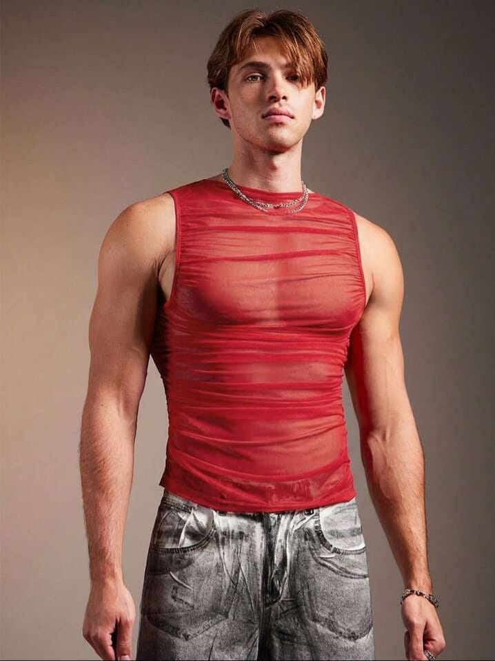 Men's mesh sheer ,ruched design,slim fit men's tank top